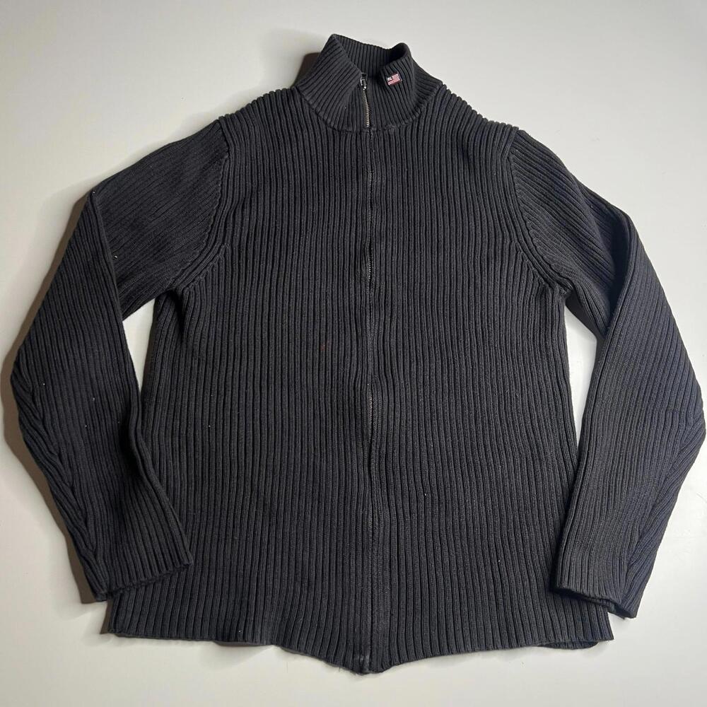 Polo Jeans Co Ralph Lauren Full Zip Sweater XL Black Ribbed Knit USA Flag Vintag
